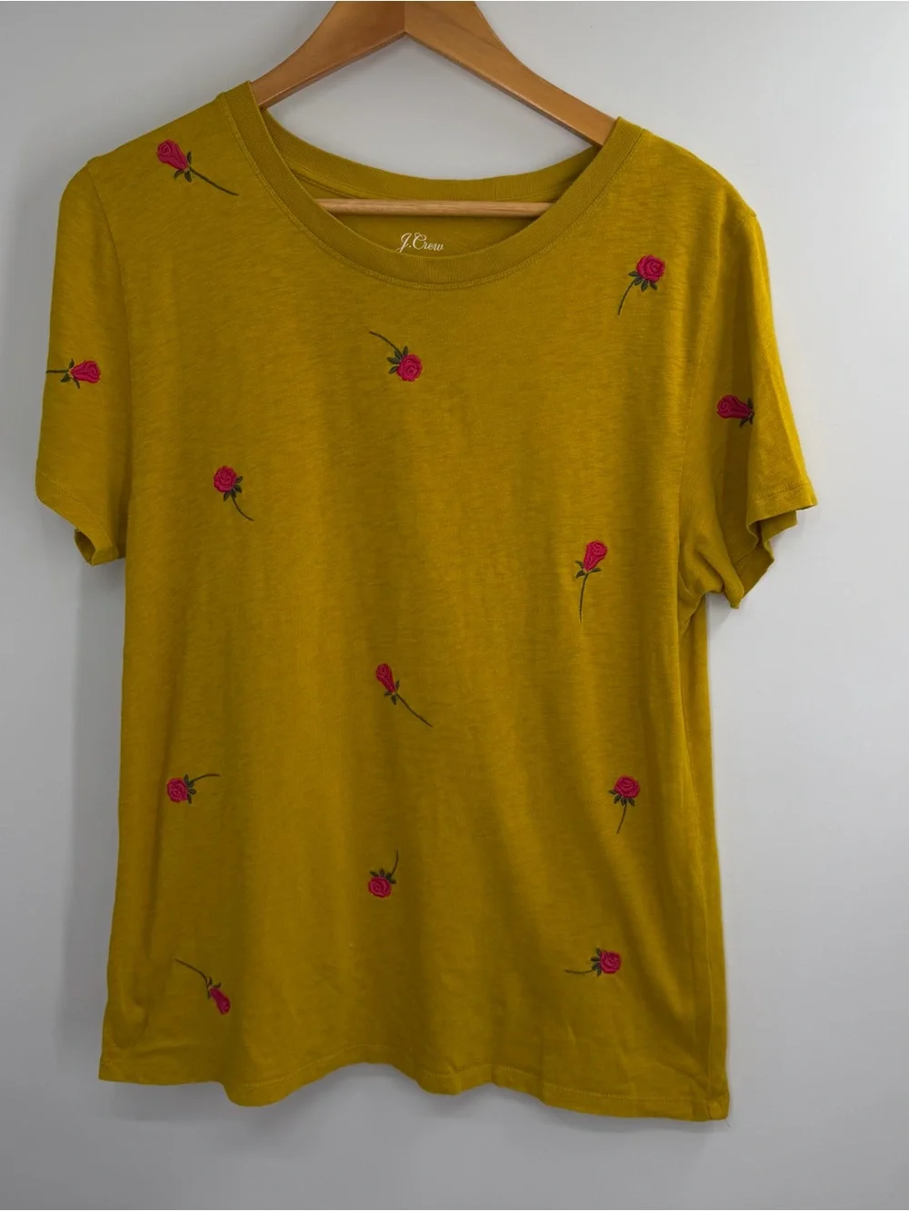J. Crew Mustard Yellow Short Sleeve Tee with Pink Floral Embroidery